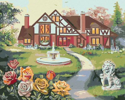 Produktbild von Zuty - Malen nach Zahlen - HAUS MIT BUCHSTABEN UND SPRINGBRUNNEN, ROSE UND LÖWENSTATUE (D. RUSTY RUST), 40x50 cm, ohne Keilrahmen