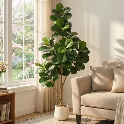 Obrázok produktu pre Umelá figovník lyrovitý – Ficus lyrata, umelá izbová rastlina – 180 cm – do interiéru – s kvetináčom – 3D žilkovanie listov – zelená