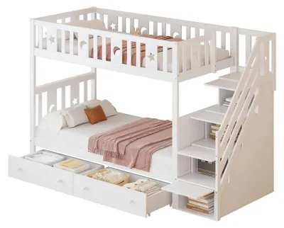 Obrázek produktu pro Dětská postel – patrová postel z masivního dřeva – 90 x 200 cm – úložný prostor – bezpečnostní žebřík – dvě velké zásuvky – zábradlí – bílá barva