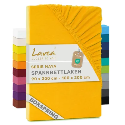 Produktbild von Lavea® Spannbettlaken 90-100x200 cm - Boxspringbett, Jersey, 40 cm Steghöhe, 100% Baumwolle, weich, atmungsaktiv, pflegeleicht, formstabil - Goldgelb