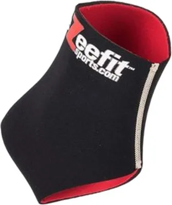 A black and red ankle bootie with a logo and website address printed on it.
