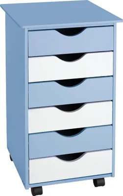 A light blue and white roll container with six drawers on wheels.