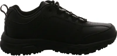 A side view of a black Skechers shoe.
