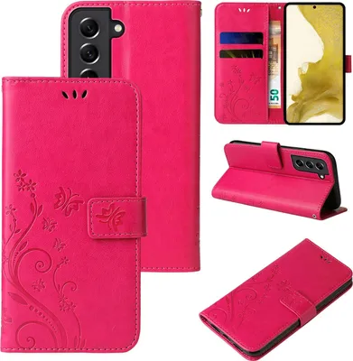 Produktbild von Handyhülle für Samsung Galaxy S22 Floral Blumen Schmetterling Flip Cover Hülle Case Klapphülle Handytasche Farbe: Pink