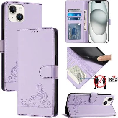 Produktbild von Leder Hülle für iPhone 15 Süße Katze Flip Case Brieftasche Schutzhülle mit Standfunktion Lila