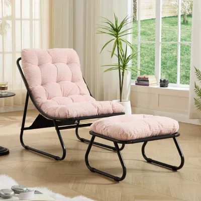 Produktbild von Outdoor Lounge Sessel mit Hocker, gepolstert, Stahlgestell, Beige, Garten Relaxstuhl
