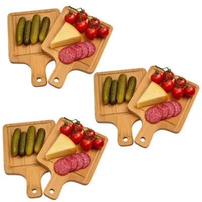 Image de Plateau de service Hausleben, coffret de 6 pièces – 15 x 10 cm – Mini planche à découper en bambou avec poignée – Plateau pour servir le petit-déjeuner, les collations, les tapas et les plats – Robuste et adapté au contact alimentaire