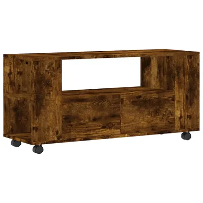 A wooden TV stand with wheels on a white background.