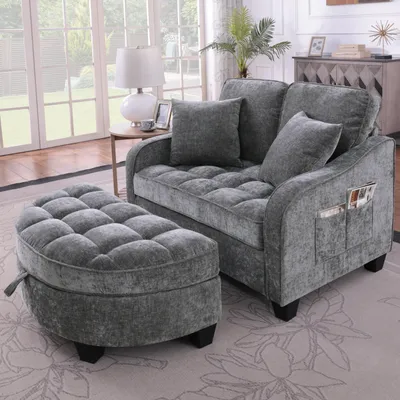 Produktbild von okwish 2-in-1 Schlafsofa mit Aufbewahrungs-Hocker, Relaxsessel mit rutschfeste Kunststoffbeine, Wohnzimmersofa in Dunkelgrau