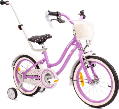 Obrázek produktu pro Kolo pro dívku 16 palců 4-6 let kolo s tréninkovými koly tlačné zařízení zvonek košík Heart Bike fialová