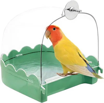 Productafbeelding van Ibenzoa® 3-in-1 accessoire voor vogelkooi: bad, voer- en drinkbak van versterkt PVC, transparant met een groene stip, 13 x 13,5 x 14,5 cm, geschikt voor kleine vogels