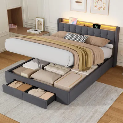 Obrázek produktu pro MODFU Čalouněná postel 160 × 200 Dětská postel s LED světlem a zásuvkami, Boxspring postel s úložnými šuplíky a úložným prostorem, šedá (bez matrace)