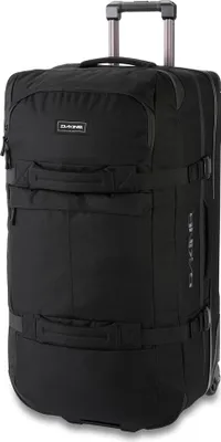 A black rolling suitcase is shown from a diagonal front view.