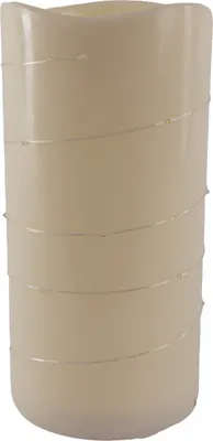 A cream-colored LED candle with a thin, light-colored wire wrapped around it in a spiral pattern.