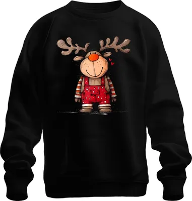 Immagine prodotto di Cute Reindeer Christmas Red Dungarees Hearts Kids Retro Unisex Sweatshirt Pullover, Nero, S