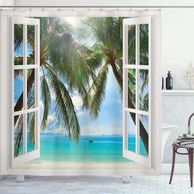 Immagine prodotto di ABAKUHAUS Tenda da doccia tropicale, finestra su un paesaggio esotico da spiaggia Composizione pastorale con palme, 175 x 240 cm, multicolore
