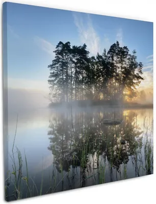 Produktbild von Wallario Premium Leinwandbild Stiller See mit Insel im Morgennebel in Größe 50 x 50 cm