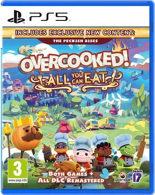 The image is a product packaging for the video game 'Overcooked! All You Can Eat' for PlayStation 5.