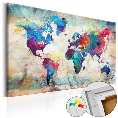 Obrázek produktu pro Netkaný korkový obraz - Mapa světa: Barevné šílenství 120x80 cm Mapy k-A-0179-p-b