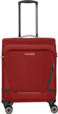 A red Travelite trolley suitcase is shown against a white background.
