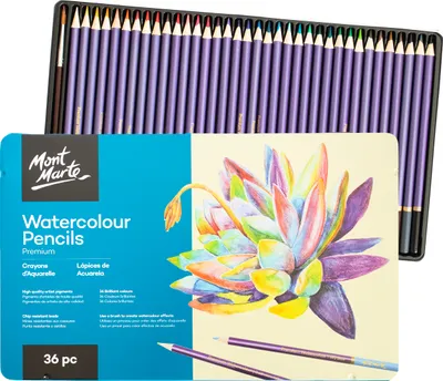 Produktbild von Mont Marte PREMIUM Buntstifte Set - mit 36 Aquarellstiften & 1 Pinsel – wasservermalbare Buntstifte, wasserlösliche Buntstifte - Hochwertige Pigmente