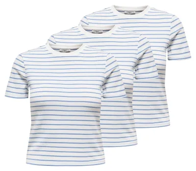 Produktbild von ONLY Damen T-Shirt 3er Pack - ONLLUPE STRIPE TEE, Kurzarm, Rundhals, Slim Fit, Streifen Weiß/Blau L