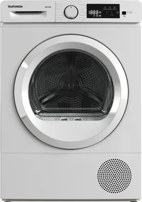A white Telefunken front-loading tumble dryer is shown from the front against a white background.