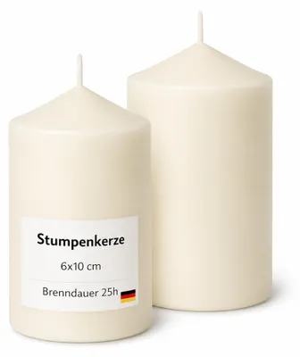 Imagen del producto de Velas tipo "stumpen" de 6 cm de diámetro x 10 cm de altura, color marfil, paquete de 2 unidades