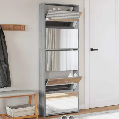 Produktbild von Möbel Schuhschrank mit Spiegel 5 Fächer Grau Sonoma 63x17x169,5 cm - Schuhregale 3228284