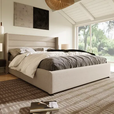 Produktbild von MODFU Polsterbett Hydraulisch Doppelbett Stauraumbett 140x200cm, Lattenrost aus Holz, Bett mit Lattenrost aus Metallrahmen, Leinen, Beige(ohne Matratze)