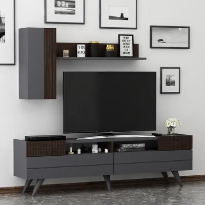 Immagine prodotto di HOMIDEA Mobile TV a basso profilo, mobile TV, parete attrezzata con 2 ante e mensole a parete. Design moderno (antracite/noce)
