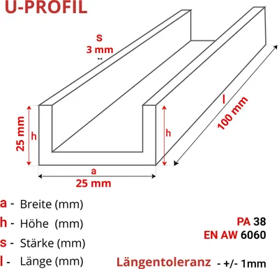 Produktbild von ALUMINIUM U-PROFIL 25x25x25x3 mm 10 cm ALUMINIUM PA38 + ZUSCHNITT NACH MASS
