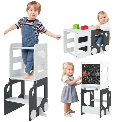 Image de Tour d'apprentissage pour enfants - Transformable en table et en chaise - Avec tableau - Design automobile - Fabriqué en MDF et en bois de pin - Blanc et gris