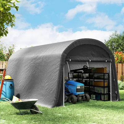 Produktbild von Gartenschuppen Zelt Stahl, Gerätezelt Garage, Lagerzelt Kunststoff-Plane, Dunkelgrau | 450x300x230 cm | 22,5 kg | pulverbeschichtet