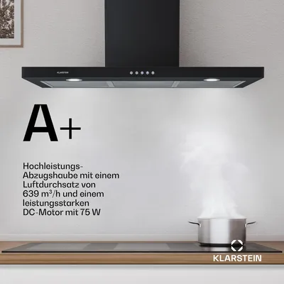 Produktbild von Klarstein Limelight Dunstabzugshaube - Edelstahl Wandhaube, Abzugshaube mit 3 Leistungsstufen, 600 m³/h, Digitalanzeige, LED-Beleuchtung, 64 dB, 90 cm Breite, schwarz