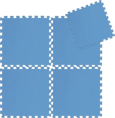 Several blue interlocking foam mats are arranged on a white background.