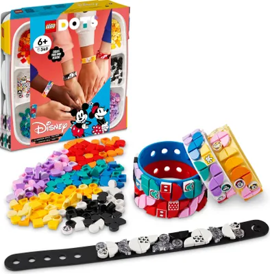 A LEGO DOTS Disney Mickey Mouse bracelet creative set is displayed with its packaging and components.