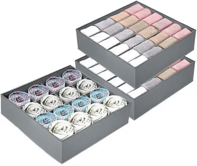 Obrázek produktu pro Sada 3 organizérů na spodní prádlo – organizéry na ponožky s 24 a 16 přihrádkami – skládací organizér do zásuvky na uložení podprsenek, punčoch a ponožek