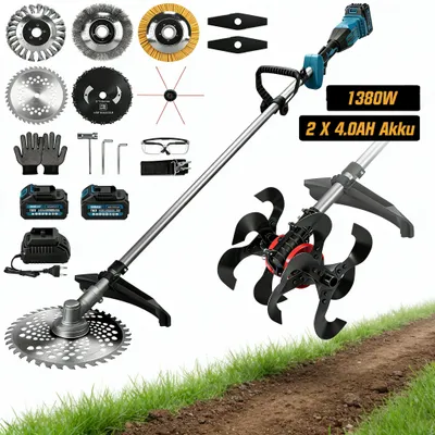 Produktbild von 2 IN 1 Akku Rasentrimmer & Bodenhacke 18800RPM 1380W 2x4.0AH AKKU, 7 Klingentypen, Bürstenloser Motorhacke Gartenfräsen, 25*23cm, für Makita 18V