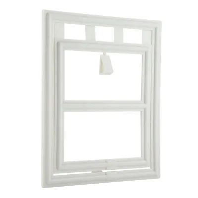 A white plastic pet door frame is shown against a white background.