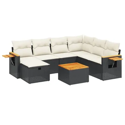 Produktbild von Modulares Garten-Loungeset, 8-teilig, Schwarz, aus PE-Rattan & pulverbeschichtetem Stahl, UV-beständig, mit Akazienholz-Tisch & cremeweißen Kissen