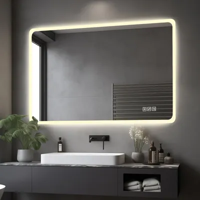 Produktbild von okwish rechteckig smarter Spiegel mit Milchglasrand, Frontbeleuchtung,Wandspiegel mit dimmbarer LED,Anti-Beschlag,Silber