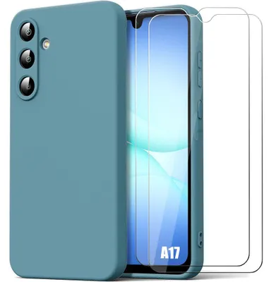 Image de Coque + 2 Verres Trempés pour Samsung Galaxy A17 4G/5G, Silicone Liquide Slim Souple Effet Mat Vert Bleu