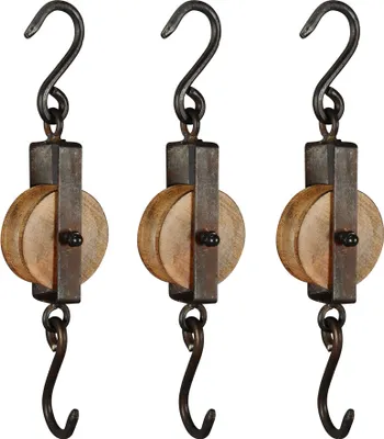 Produktbild von 3tlg. Dekoseilwinde aus Holz und Eisen Landhaus Dekoration Haken L29cm