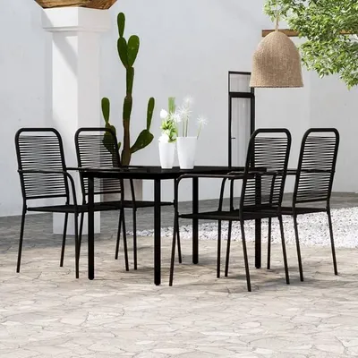 Produktbild von 5-TLG. Garten Essgruppe 4 Personen, Sitzgruppe 4+1, Tisch mit Glas-Tischplatte & Stühle, Gartenmöbel Terrassenmöbel Set Schwarz
