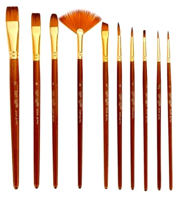 Produktbild von 10-teiliges Pinselset mit verschiedenen Stilen, kurzer Griff, braune Pinsel für Öl, Acryl, Aquarell und Gouache