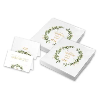 Produktbild von itenga 40x Servietten mit 48x Tischkarten Set - Schön dass du da bist - Eukalyptus Kranz - Weiß