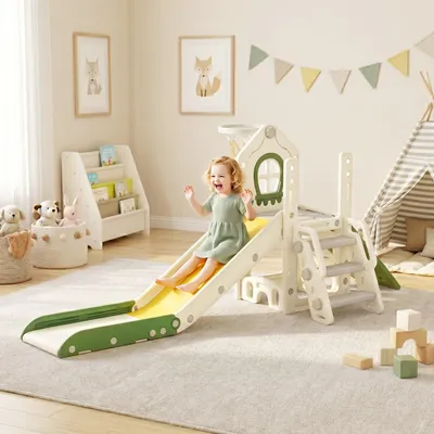 Produktbild von Kletterrutsche mit Basketballkorb, Kinderrutsche 4-in-1 faltbar, Kleinkinderrutsche HDPE, Cremeweiß  |  1–3 Jahre  |  191×100×84 cm  |  132 cm Rutschbahn