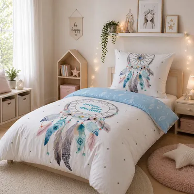 Produktbild von Traumfänger Bettwäsche Dreamcatcher Türkis-Blau, 2-teilig,  135x200 80x80 cm, Renforcé aus 100% Baumwolle mit Reißverschluss