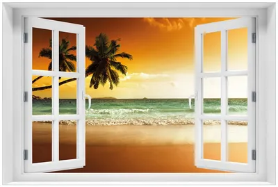 Produktbild von Wallario Premium Glasbild mit Fensterrahmen, freischwebende Optik, kräftige Farben, Größe 60 x 90 cm Motiv Palmen am Sandstrand bei untergehender Sonne